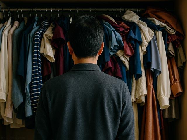 クローゼットにあふれる服をみて茫然とする夫 イメージ画像作成:暮らしと生活便利館