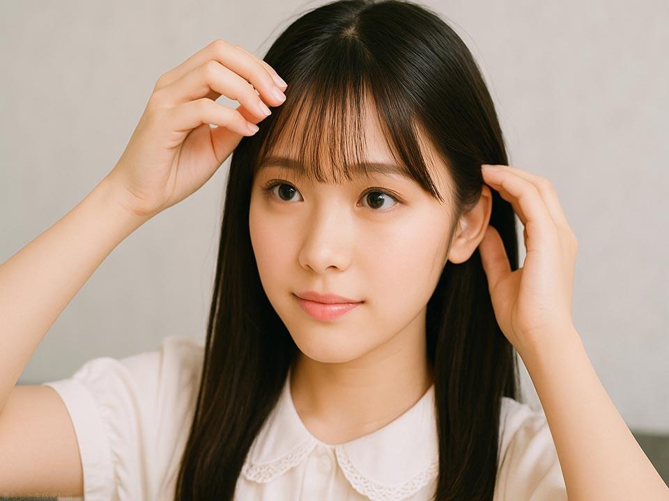 中途半端な前髪を気にして手でセットする女性 画像:暮らしと生活便利館