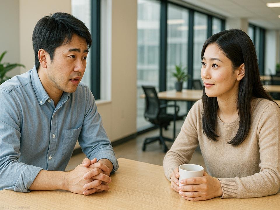 男性がオフィスで女性と話をしている 家庭の愚痴を言えるのは特別な存在?それともストレス解消? 画像:暮らしと生活便利館